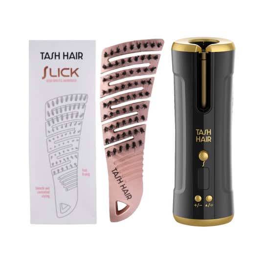 Tash Hair Twirl Automatic Hair Curler - Onyx & Detangling Boar Bristle Hair Brush Combo