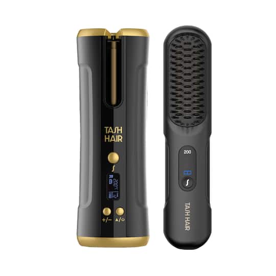 Tash Hair Twirl Automatic Cordless Hair Curler (Onyx) & Glide Hair Straightener Brush (Noir) Combo