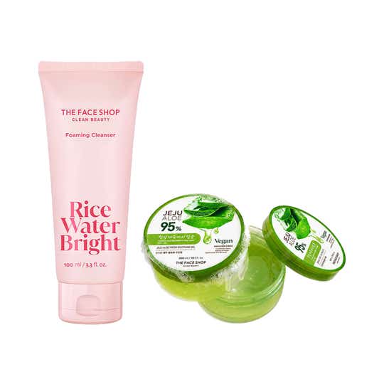The Face Shop Rice Water Bright Cleansing Foam and Jeju Aloe Gel Combo