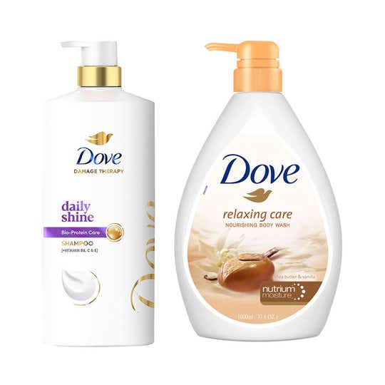 Dove Daily Shine Shampoo 1L with Dove Relaxing Shea Butter Body Wash Combo