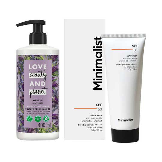 Love Beauty & Planet Argan Lavender Shampoo 400ml with Minimalist SPF50 PA++++ Sunscreen Combo