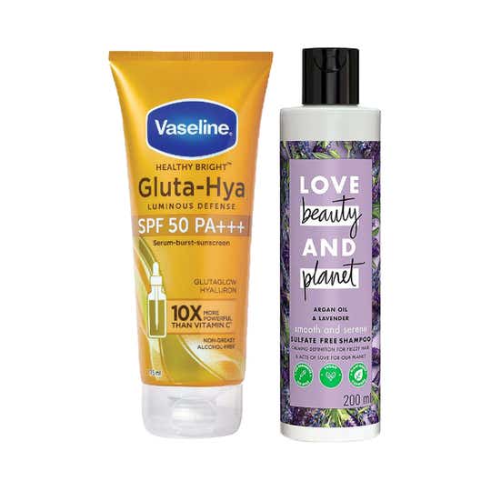 Love Beauty & Planet Argan Lavender Shampoo with Vaseline Gluta Hya SPF50 Sunscreen Combo