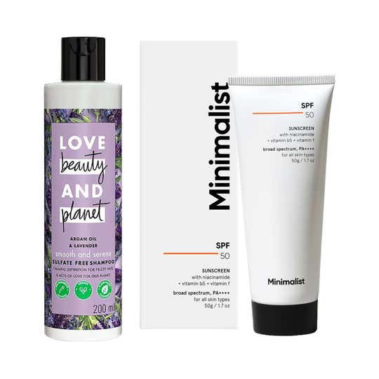 Love Beauty & Planet Argan Lavender Shampoo with Minimalist SPF50 PA++++ Sunscreen Combo