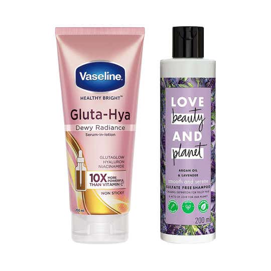 Love Beauty & Planet Argan Lavender Shampoo with Vaseline Gluta Hya Dewy Radiance Lotion Combo