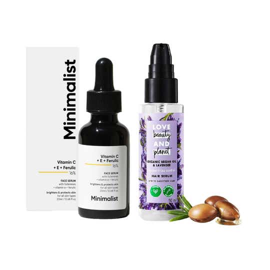 Love Beauty & Planet Argan Lavender Hair Serum with Minimalist 16% Vitamin C Serum Combo