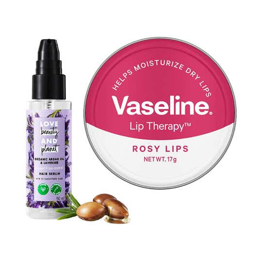 Love Beauty & Planet Argan Lavender Hair Serum with Vaseline Rosy Lip Therapy Combo