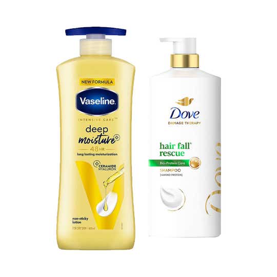 Vaseline Deep Moisture Body Lotion + Dove Hair Fall Shampoo Combo