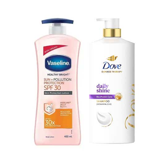Vaseline SPF 30 Body Lotion + Dove Daily Shine Shampoo Combo