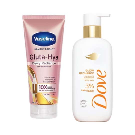 Vaseline Gluta dewy Radiance 250 ml + Dove 3% Brightening Serum Body Wash 300 ml Combo