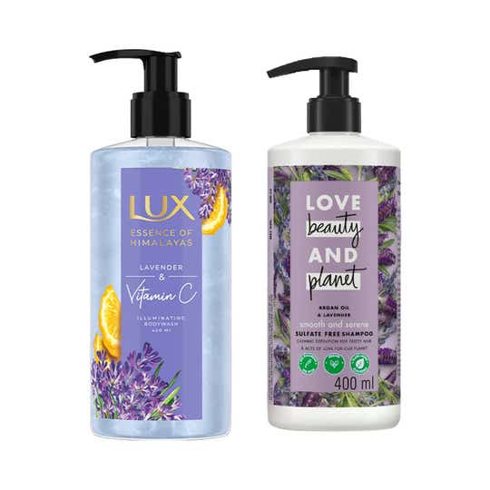 Lux Body Wash + Love Beauty Planet Lavender sulfate Free Shampoo 400 ml Combo