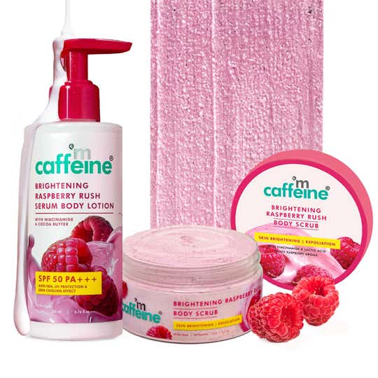 MCaffeine Brightening Raspberry Serum Body Lotion SPF 50 PA+++ & Body Scrub Combo- Pack of 2 Combo