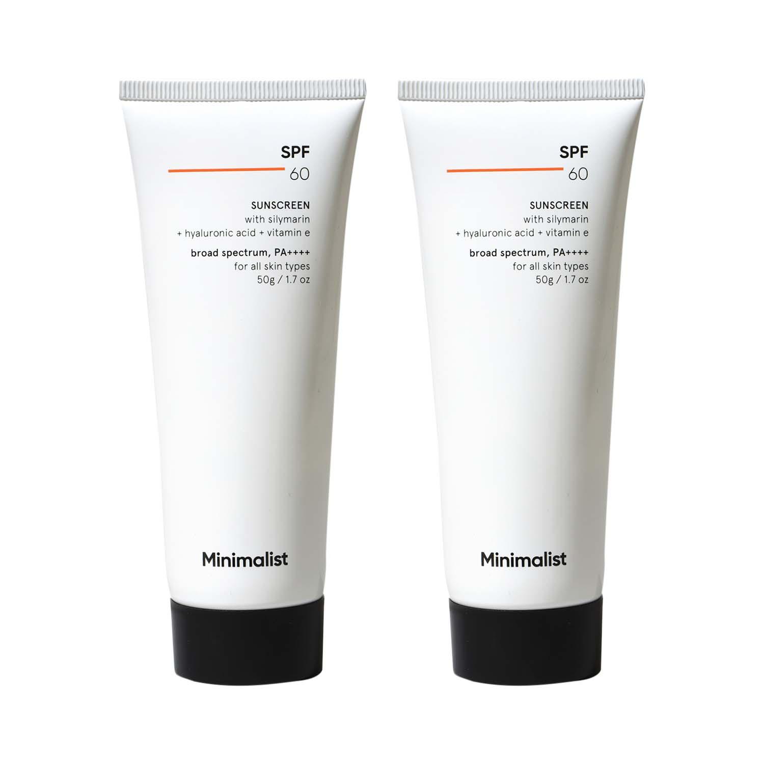 Minimalist Spf 60 Pa ++++ Sunscreen With Silymarin + Hyaluronic Acid + Vitamin E - (Pack Of 2) Combo