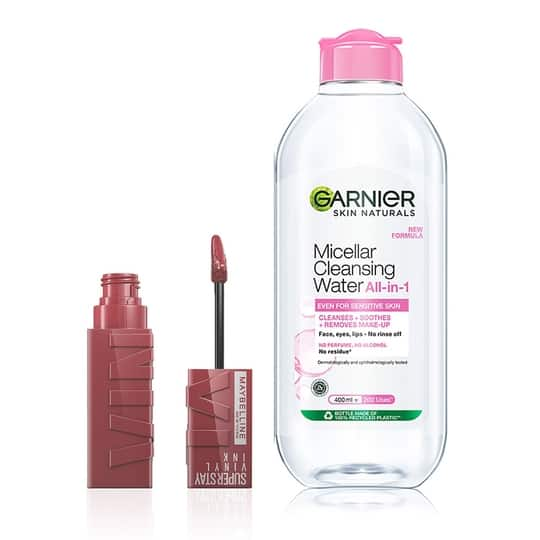 Maybelline New York Super Stay Vinyl Ink Liquid Lipstick (Witty) and Garnier Micellar Water