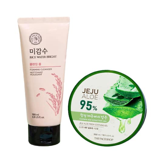 The Face Shop Rice Water Bright Cleansing Foam and Jeju Aloe Gel Combo