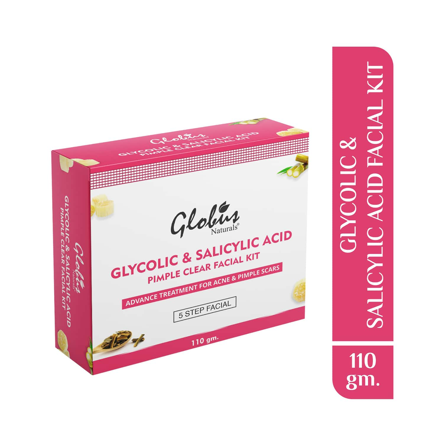 Globus Naturals | Globus Naturals Pimple Clear Glycolic Acid Facial Kit For Anti- Acne, Dark Spots Beautiful & Glowing Skin (110g)