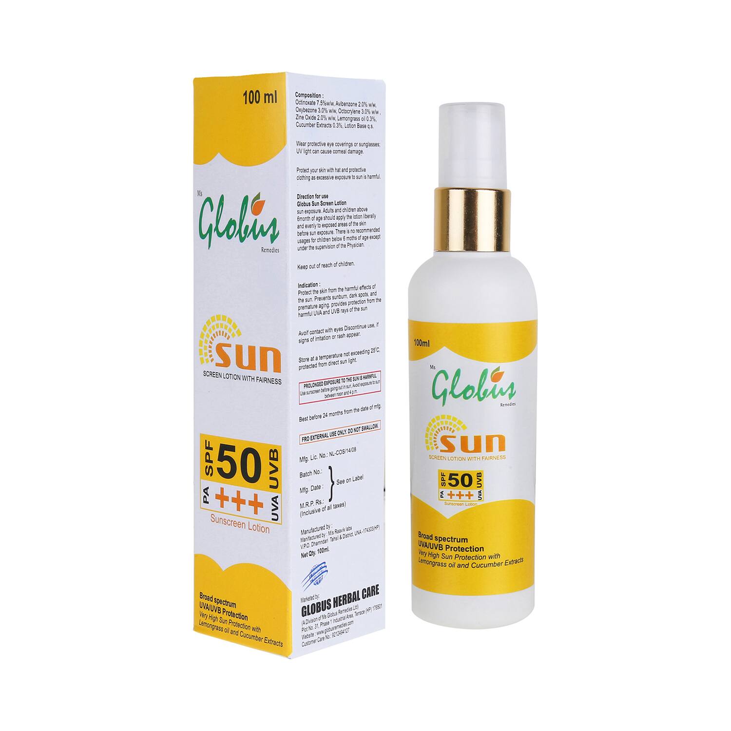 Globus Naturals | Globus Naturals Sunscreen Lotion With Lemongrass Oil & Cucumber Extract Fairness SPF 50+++ (100ml)