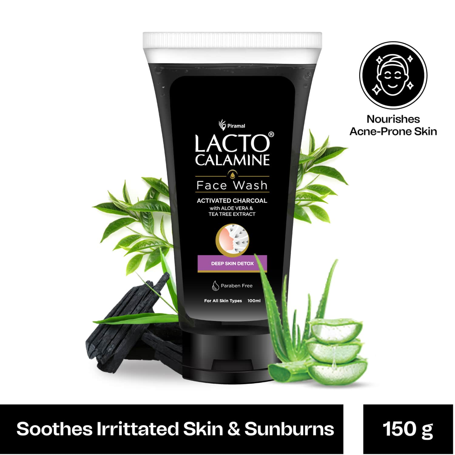 Lacto Calamine | Lacto Calamine Activated Charcoal Face Wash with Aloe Vera & Tea Tree Extract for Skin Detox (100ml)