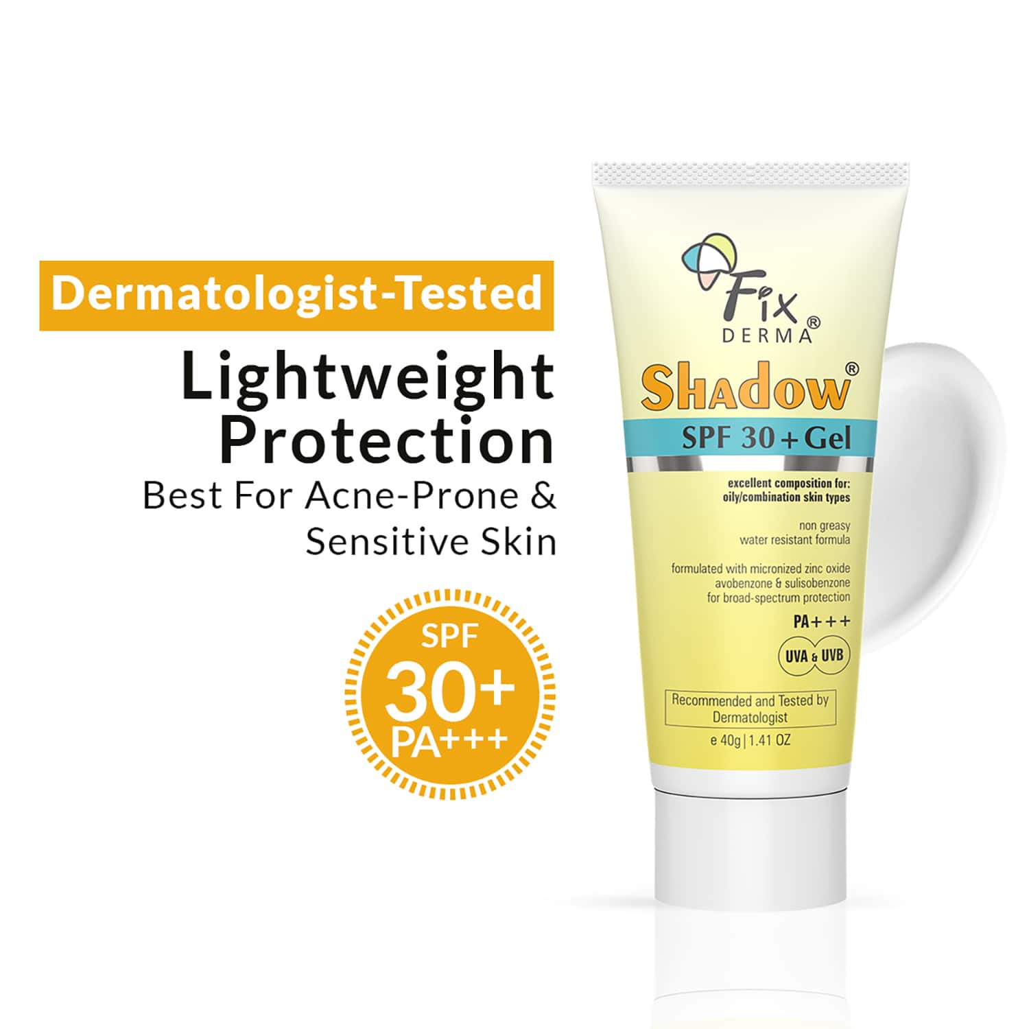 Fixderma | Fixderma Sunscreen - SPF 30+ PA+++ Shadow Sunscreen SPF30+ Gel For Oily Skin,UVA-UVB Protection (40g)