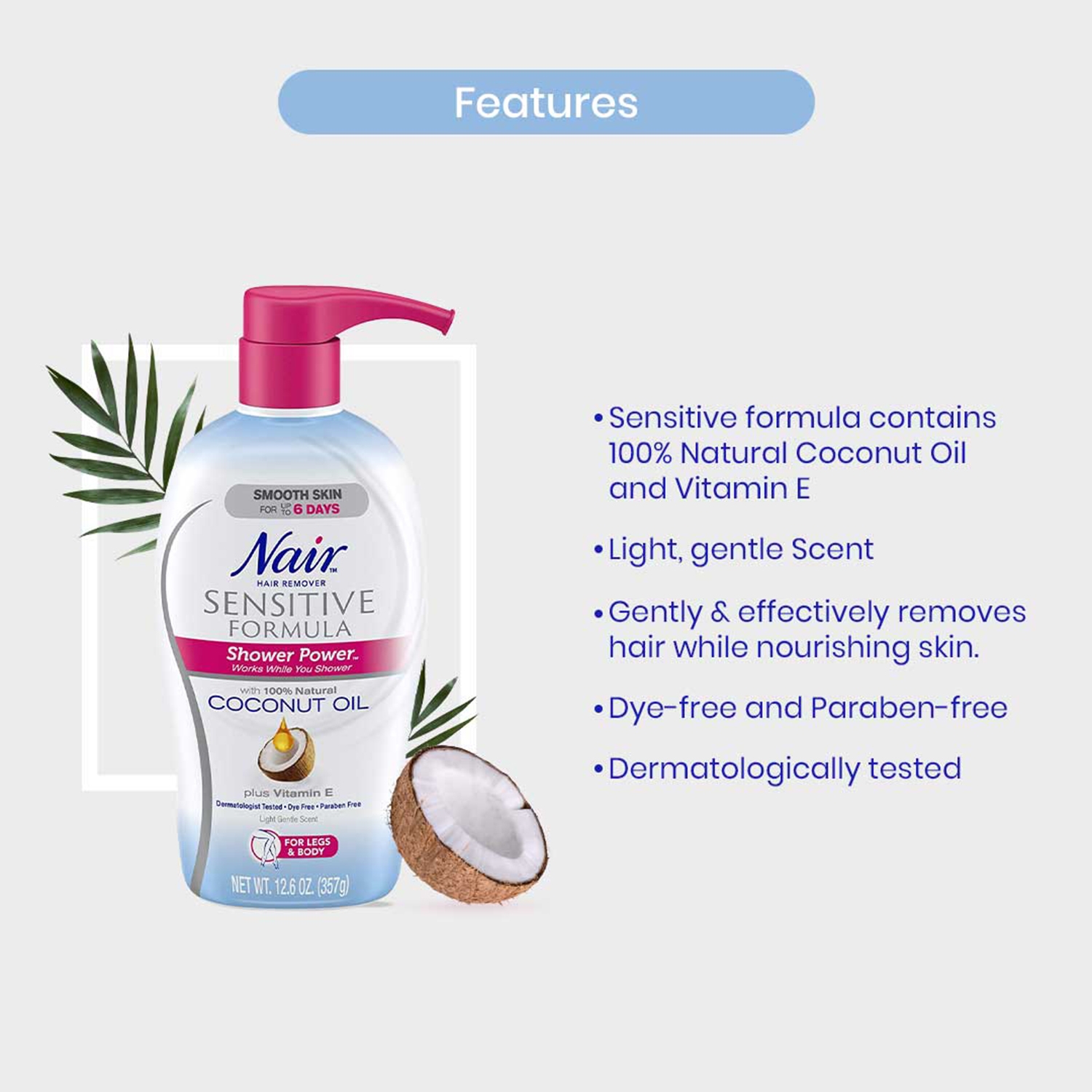 Nair Hair Remover Sensitive Formula Shower Power with Coconut Oil and  Vitamin E, 12.6oz