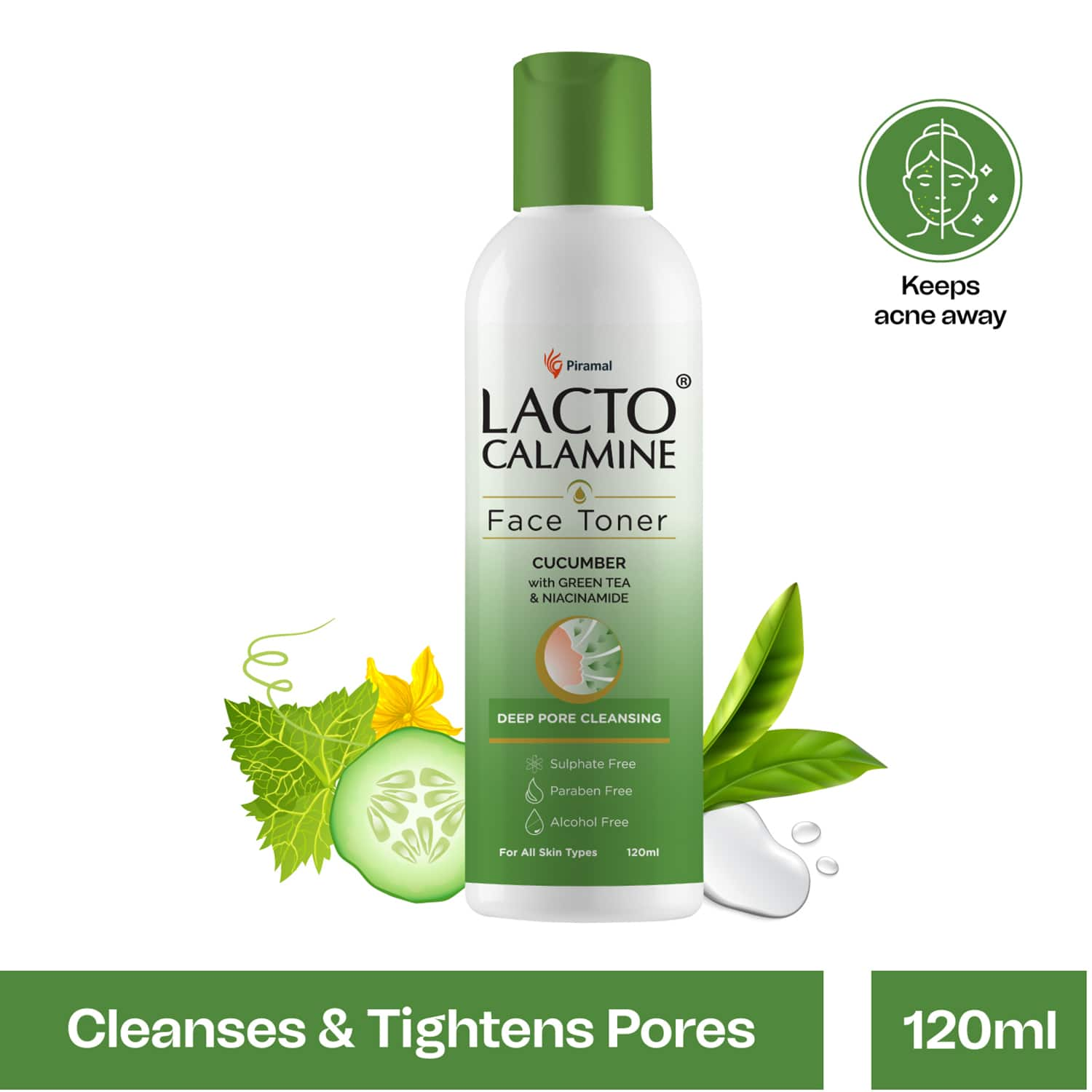 Lacto Calamine | Lacto Calamine Face Toner with Cucumber, Green Tea & Niacinamide-Tightens Pore & glowing Skin (120ml)