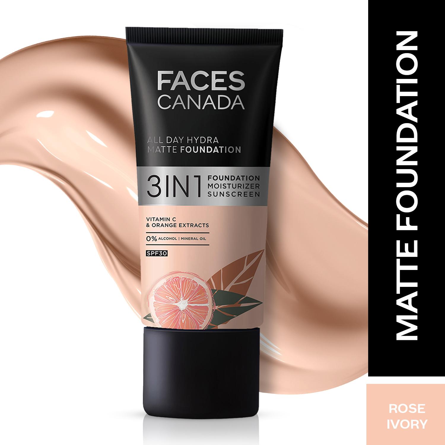 Faces Canada | Faces Canada 3in1 All Day Hydra Matte Foundation + Moisturizer + SPF 30 - Rose Ivory 011 (25 ml)
