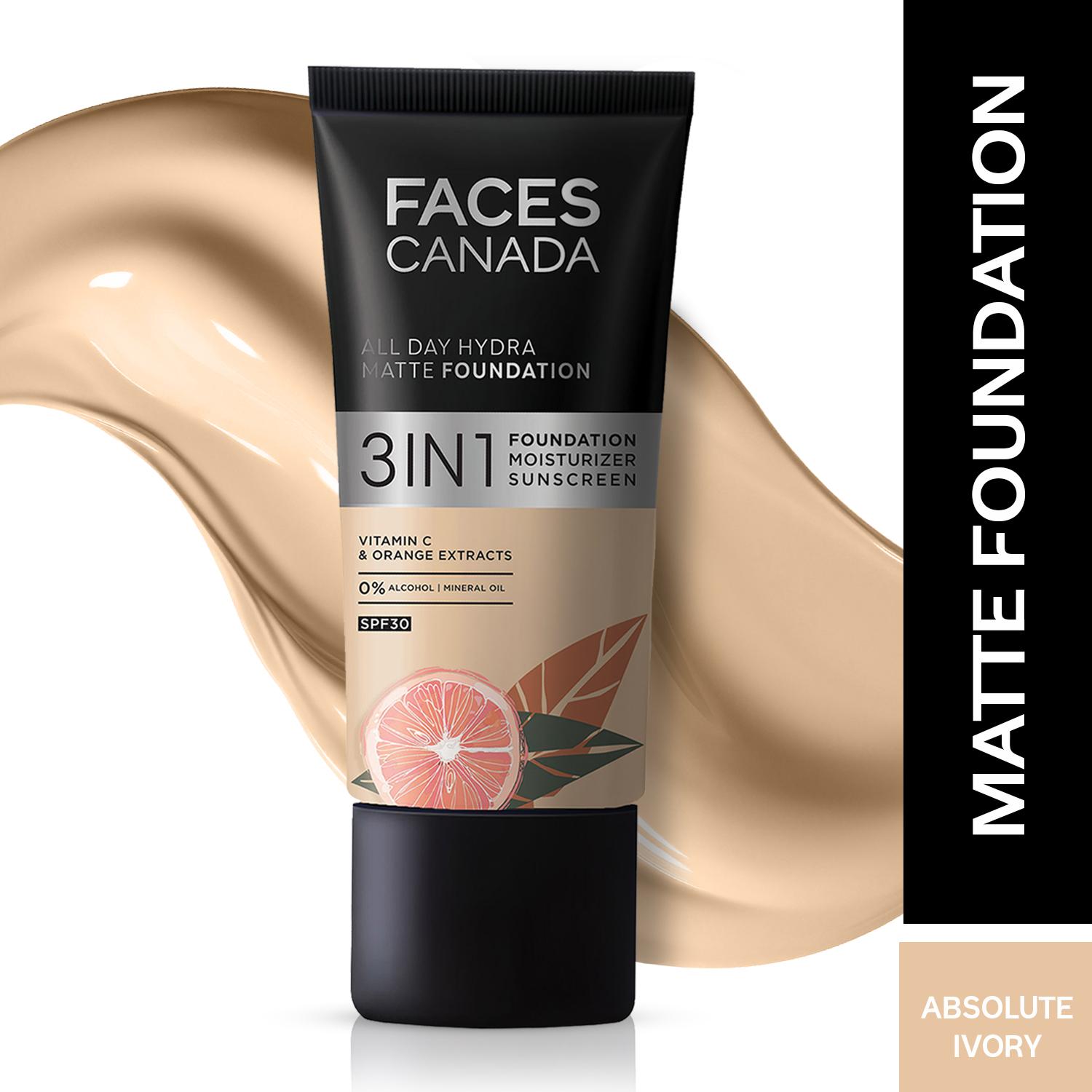 Faces Canada | Faces Canada 3in1 All Day Hydra Matte Foundation + Moisturizer + SPF 30 - Absolute Ivory 012 (25 ml)