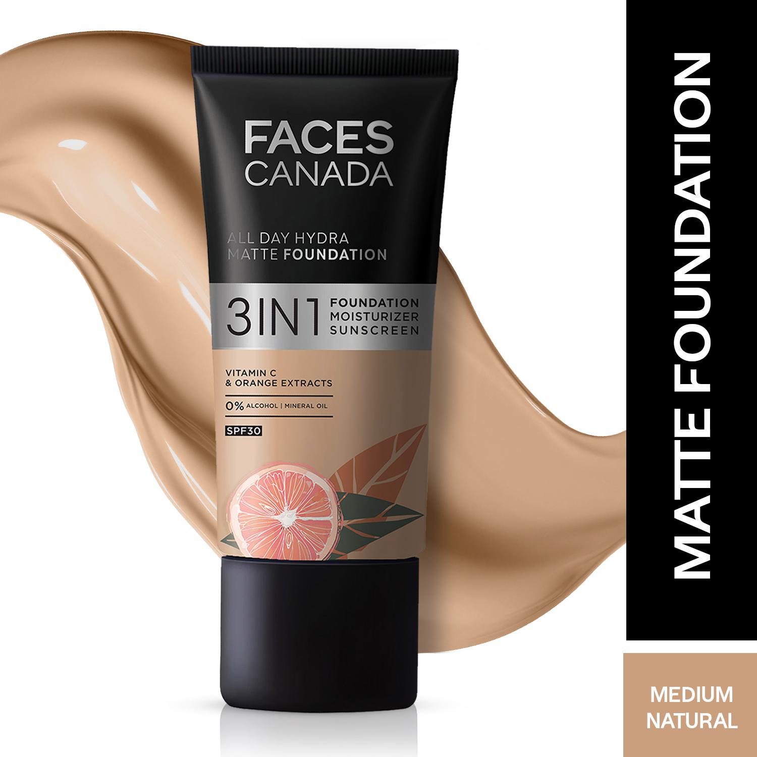 Faces Canada | Faces Canada 3in1 All Day Hydra Matte Foundation + Moisturizer + SPF 30 - Medium Natural 022 (25 ml)
