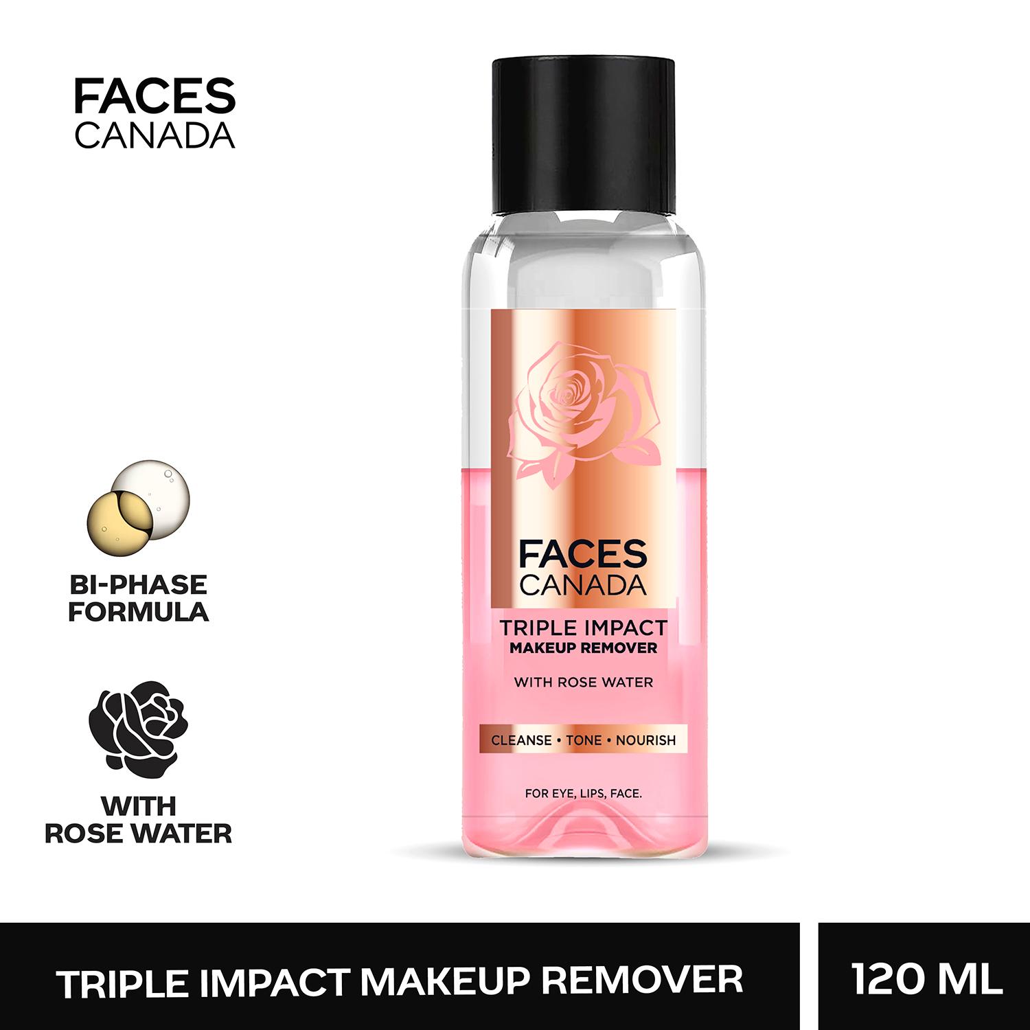 Faces Canada | Faces Canada Triple Impact Makeup Remover, With Rose Water, 3-IN-1 Cleanse, Tone & Nourish (120 ml)