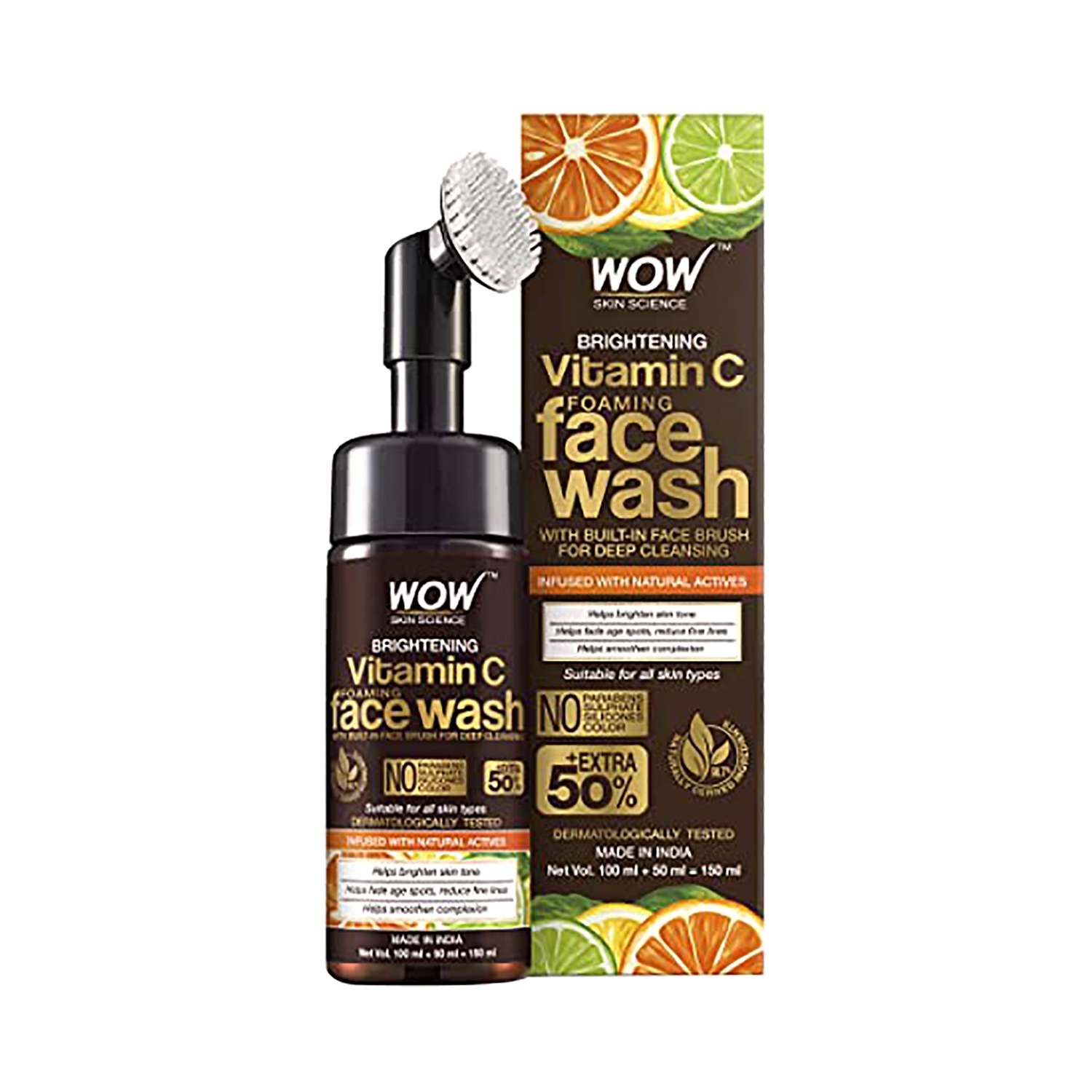 WOW SKIN SCIENCE | WOW SKIN SCIENCE Brightening Vitamin C Foaming Face Wash With Built-In Face Brush (150ml)