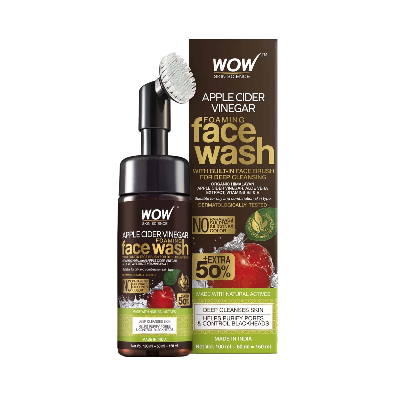 WOW SKIN SCIENCE | WOW SKIN SCIENCE Apple Cider Vinegar Foaming Face Wash With Built-In Brush (150ml)