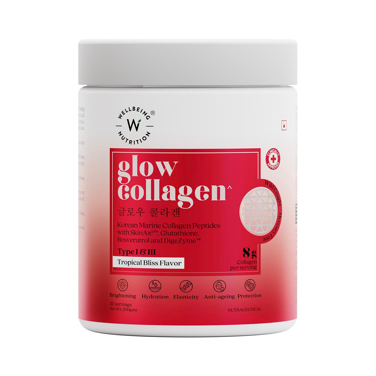 Wellbeing Nutrition | Wellbeing Nutrition Glow Pure Marine Collagen with Glutathione Supplements, Resveratrol, Bromelain & Goji Berry- Tropical Bliss Flavor (250 g)