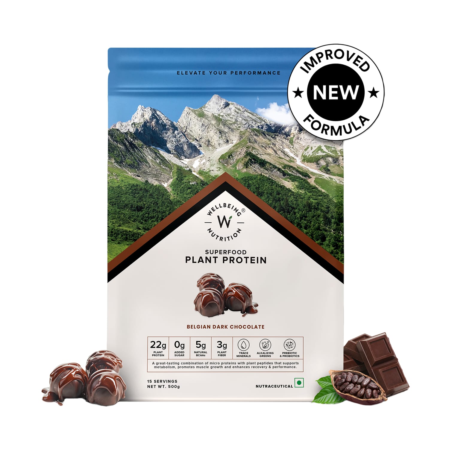 Wellbeing Nutrition | Wellbeing Nutrition Organic Vegan Protein Isolate 3B CFU Probiotics Belgian Dark Chocolate (500 g)