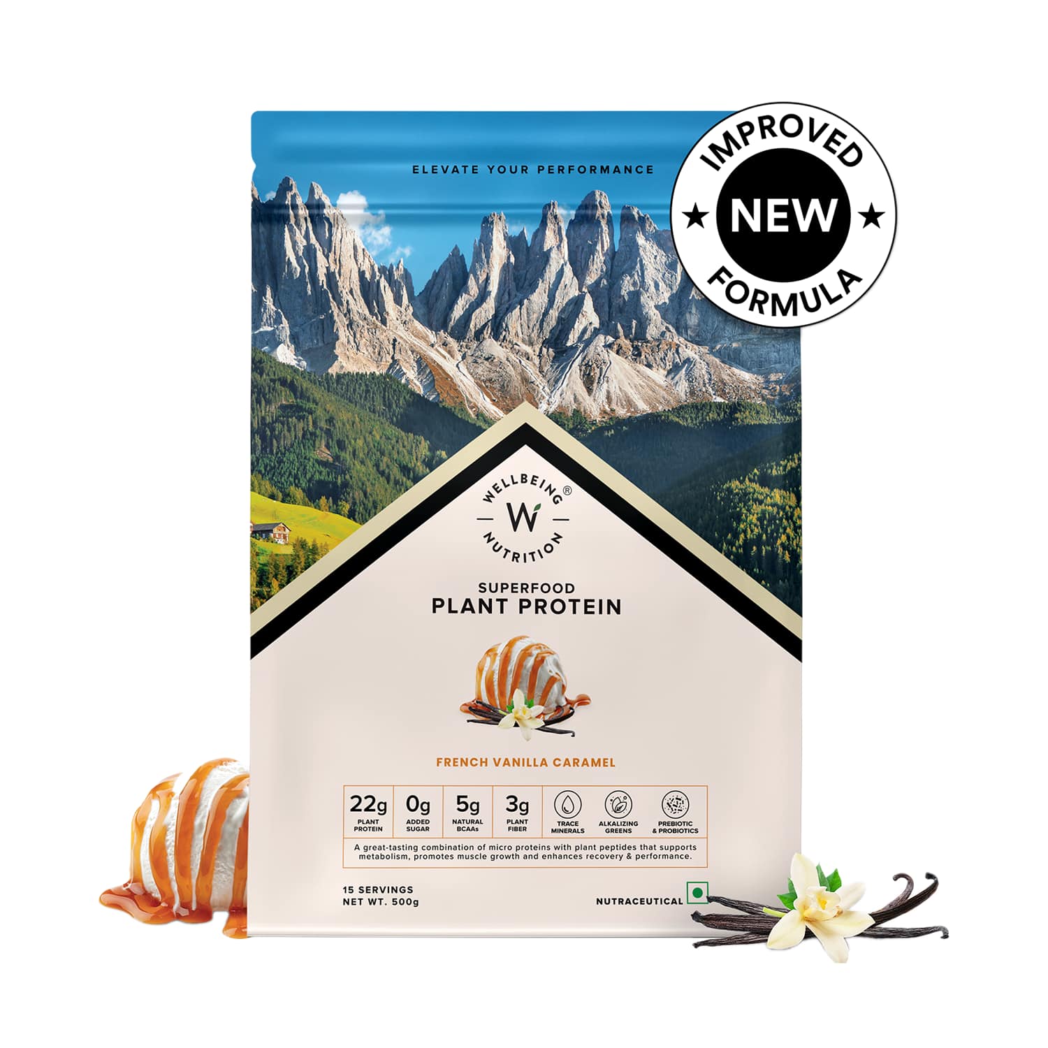 Wellbeing Nutrition | Wellbeing Nutrition Organic Vegan Protein Isolate 3B CFU Probiotics French Vanilla Caramel (500 g)