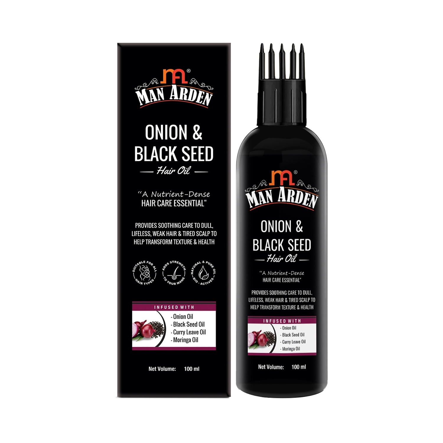 Man Arden | Man Arden Onion & Black Seed Hair Oil For Dull, Lifeless & Weak Hair With Curry Leave & Moringa Oil (100ml)