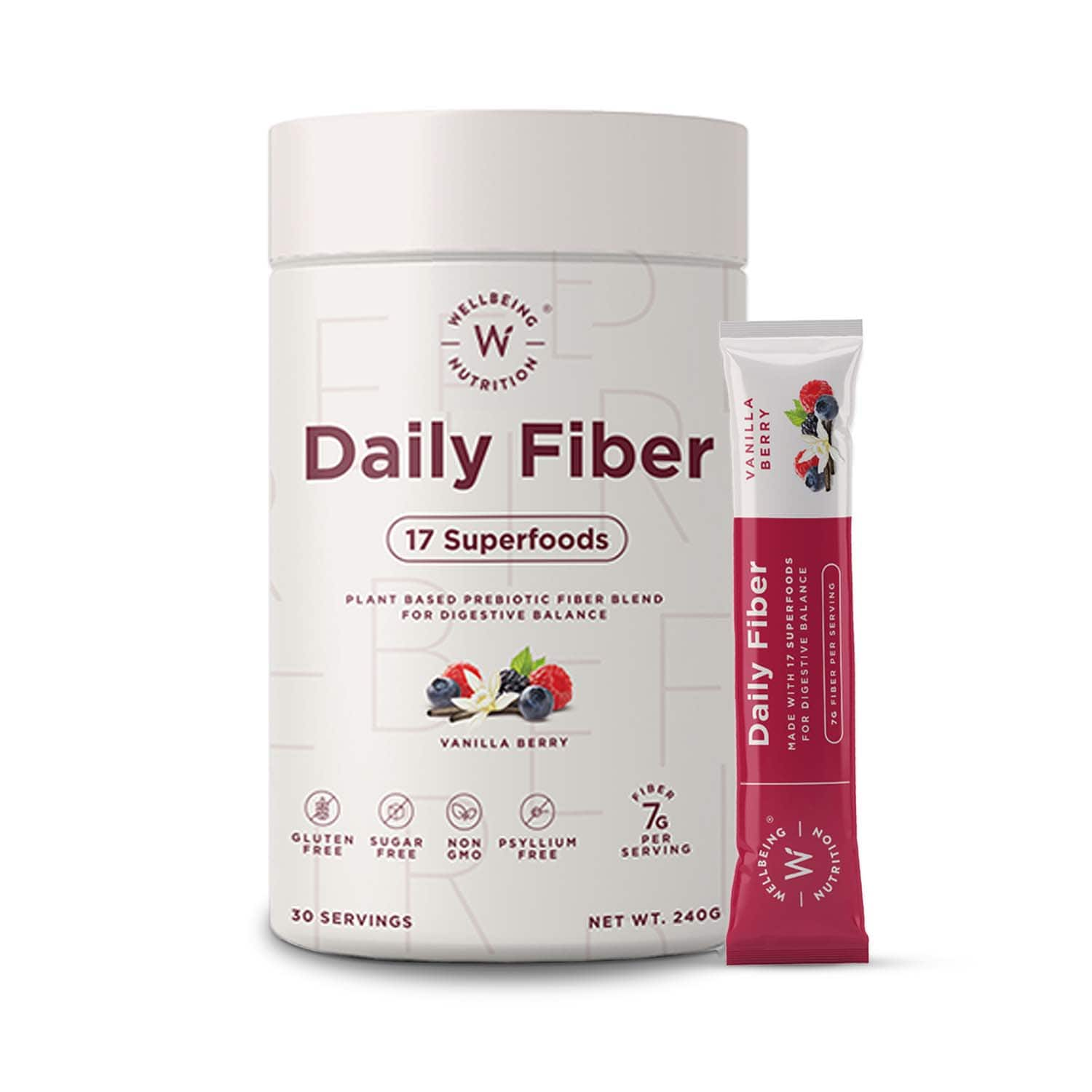 Wellbeing Nutrition | Wellbeing Nutrition Daily Fiber Powder, Weight Management, Manages Sugar Control, Bloating, Constipation -Vanilla Berry 30 Servings