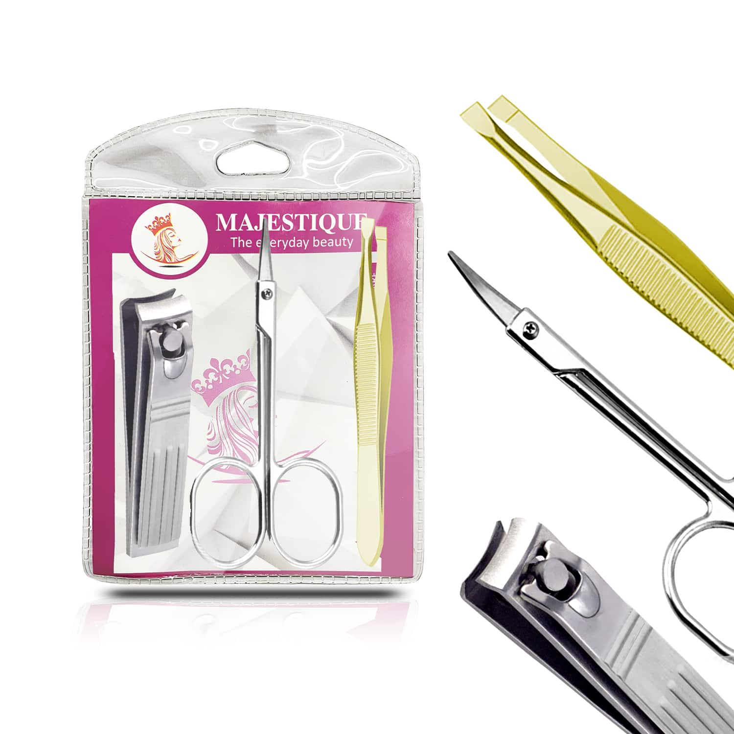 Majestique | Majestique Compact Manicure Kit, Grooming Tools Scissors, Slanted Plucker, and Nail File - Multicolor