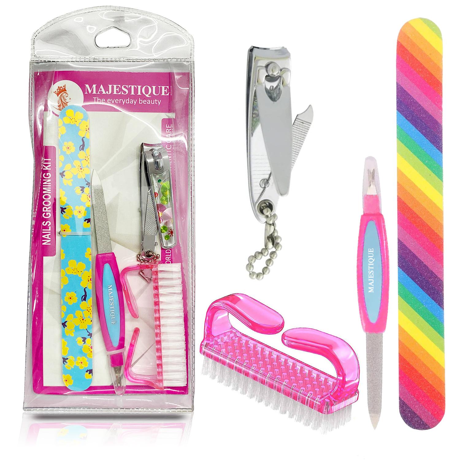 Majestique Nails Grooming Kit, Nail Filer, Nail Cutter and Brush for Manicure and Pedicure - Multicolor