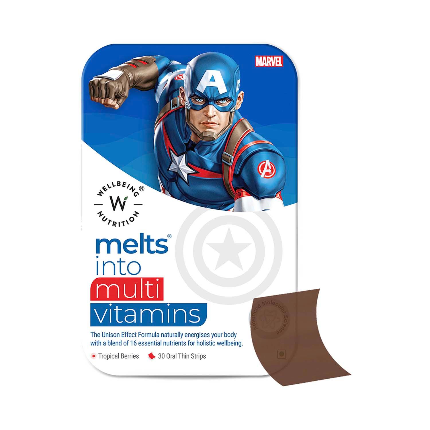 Wellbeing Nutrition | Wellbeing Nutrition Marvel Captain America Melts | Kids Organic Multivitamin with Vitamin A B-Complex C D -30 Strips