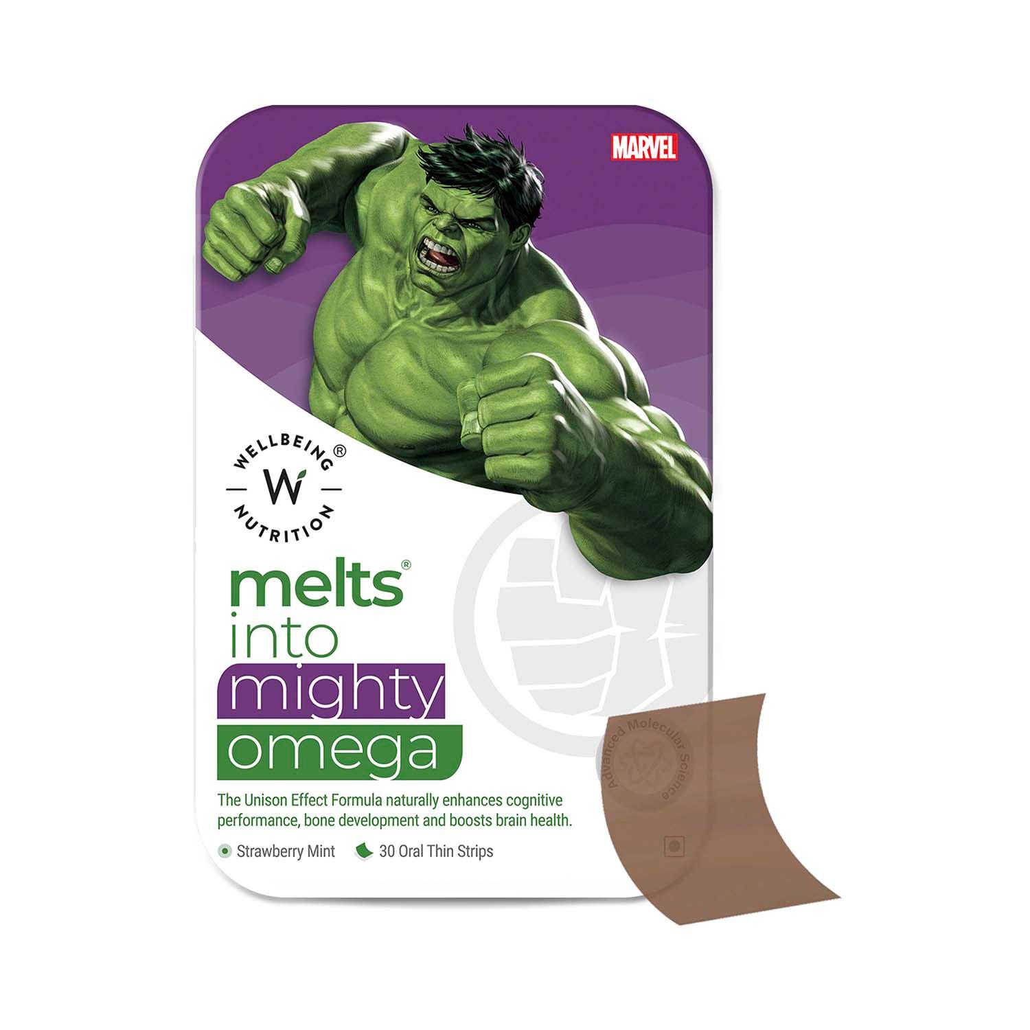 Wellbeing Nutrition | Wellbeing Nutrition Marvel Marvel Hulk Melts | Kids Vegan Algae Omega-3(EPA & DHA) Alpha GPC Lutein (30 Strips)