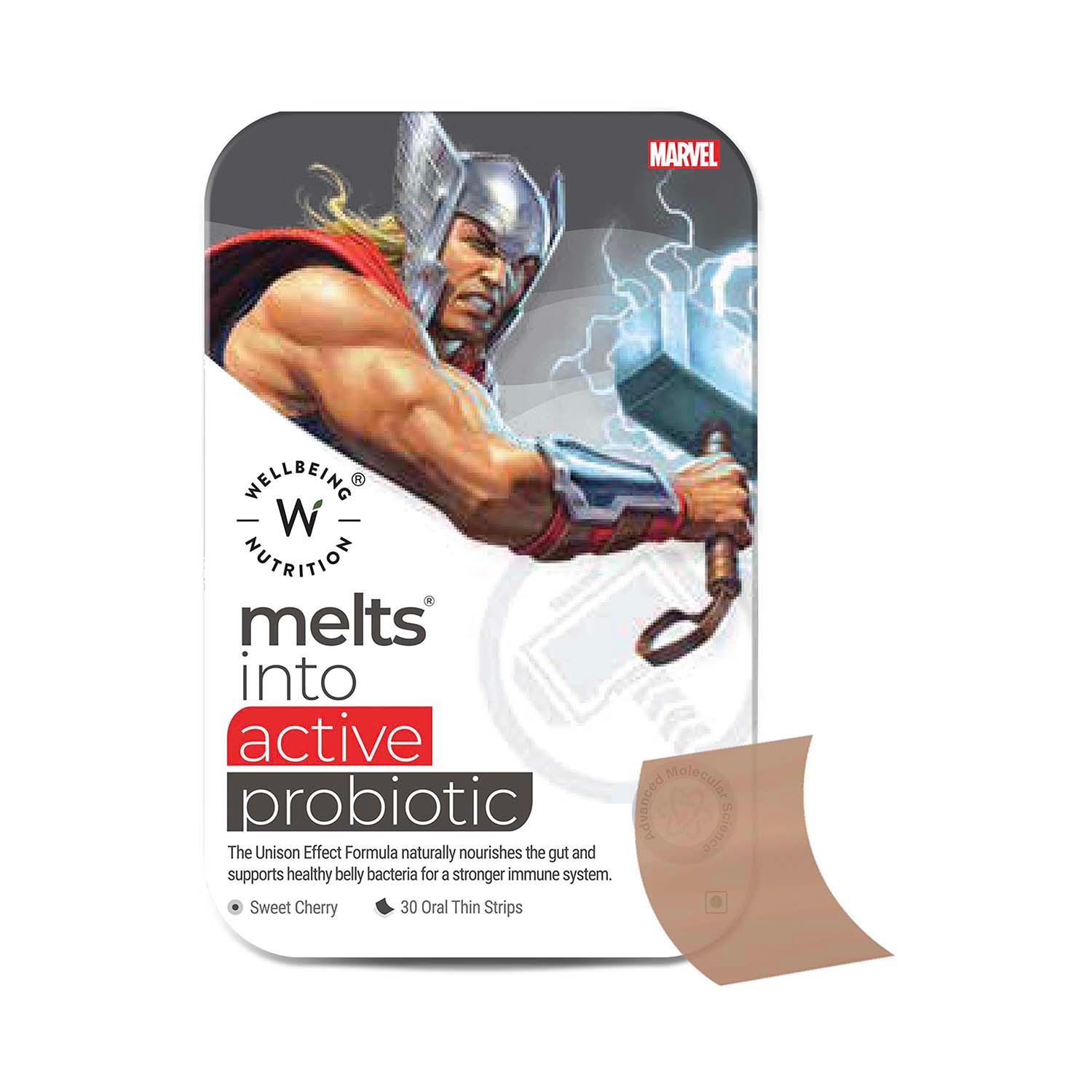 Wellbeing Nutrition | Wellbeing Nutrition Marvel Thor Melts | Kids Organic Active Probiotic & Prebiotic Vitamin C & D3 (30 Strips)