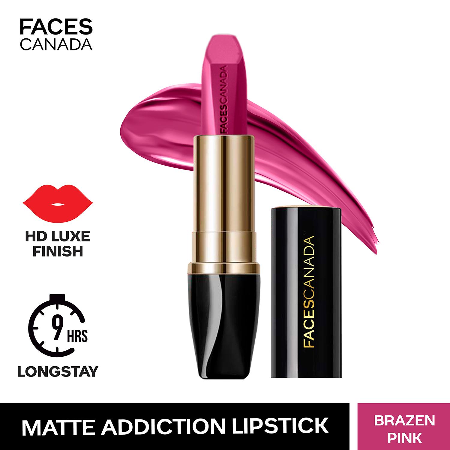 Faces Canada Matte Addiction Lipstick, 9HR Stay, HD Finish, Intense Color - Brazen Pink (3.7 g)
