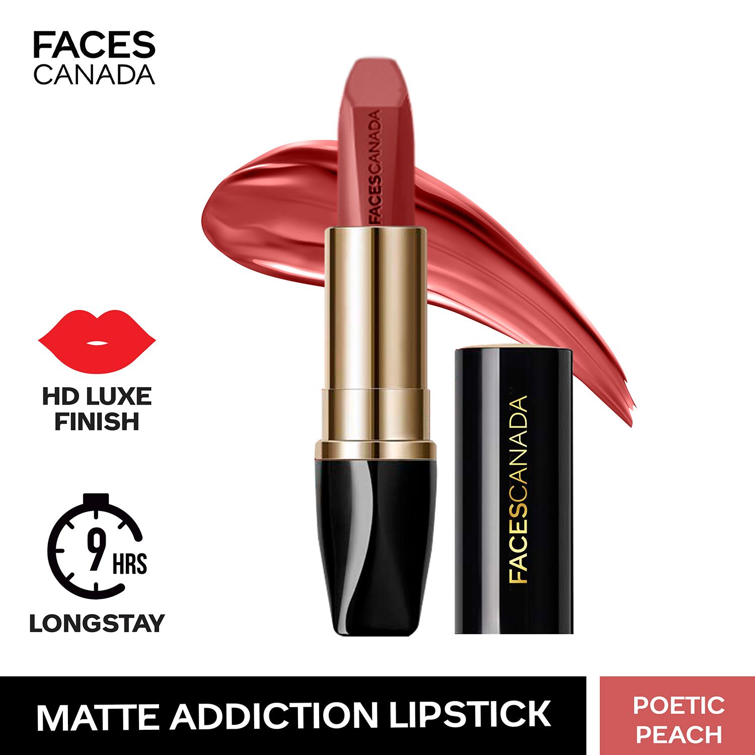 Faces Canada | Faces Canada Matte Addiction Lipstick, 9HR Stay, HD Finish, Intense Color - Poetic Peach (3.7 g)