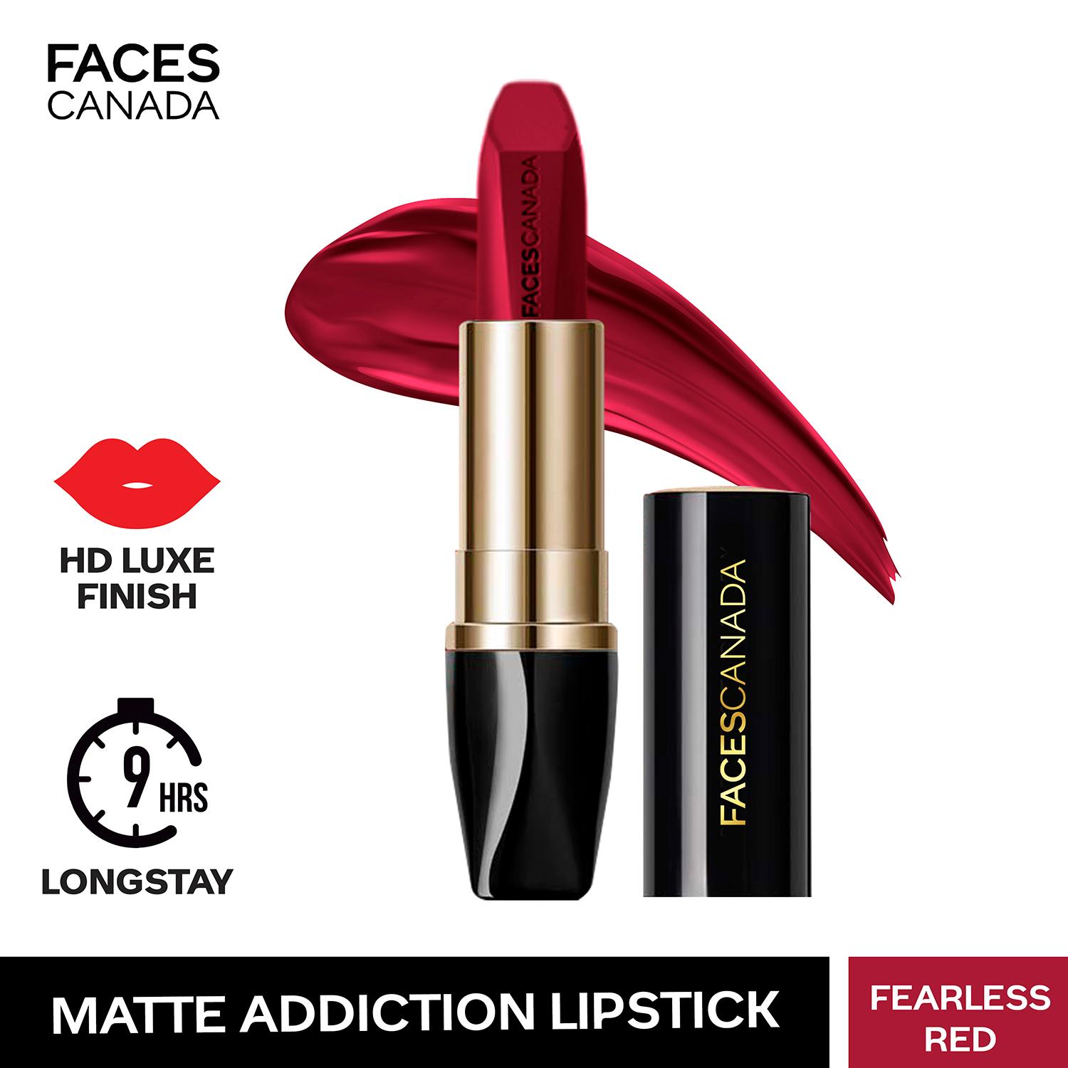 Faces Canada Matte Addiction Lipstick, 9HR Stay, HD Finish, Intense Color - Fearless Red (3.7 g)