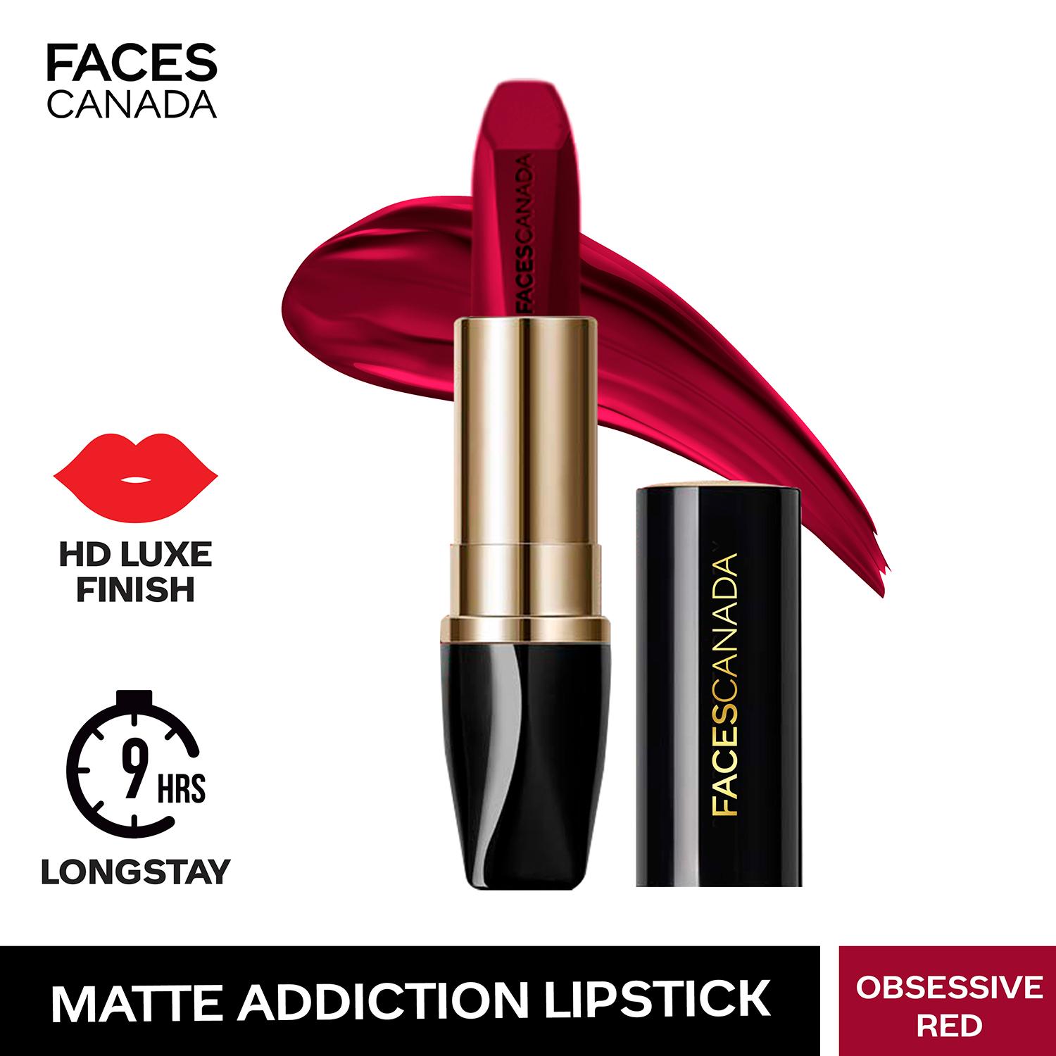 Faces Canada | Faces Canada Matte Addiction Lipstick, 9HR Stay, HD Finish, Intense Color - Obsessive Red (3.7 g)