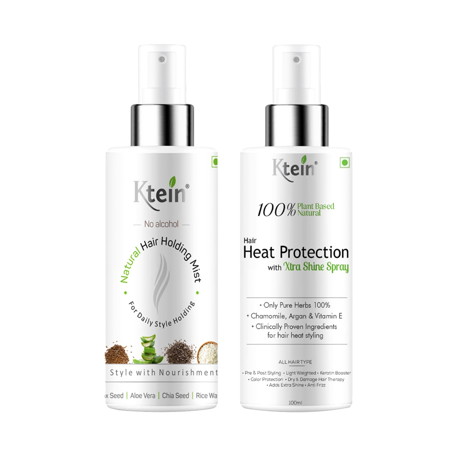 Ktein | Ktein Natural Hair Holding Spray + 100% Plant Base Hair Heat Protection Spray With Extra Shine - (2Pcs)