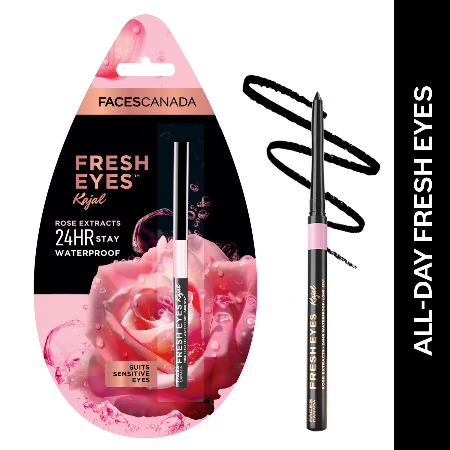 Faces Canada | Faces Canada Fresh Eyes Kajal, 24HR Waterproof, Rose Extract, Soothes & Cools,Gentle, Vegan -(0.35 g)
