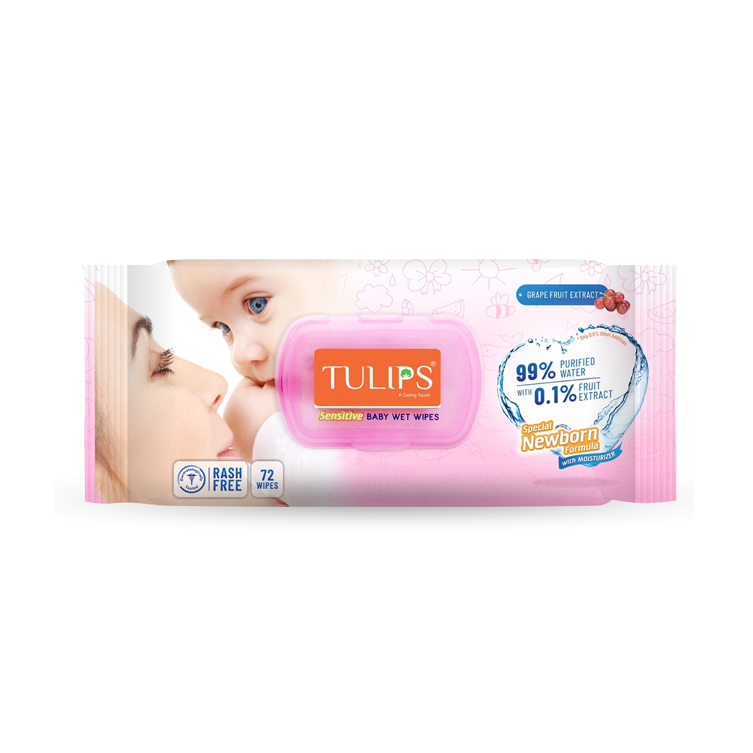 Tulips Sensitive Baby Wet Wipes With Lid Grape Extract (72Pcs)
