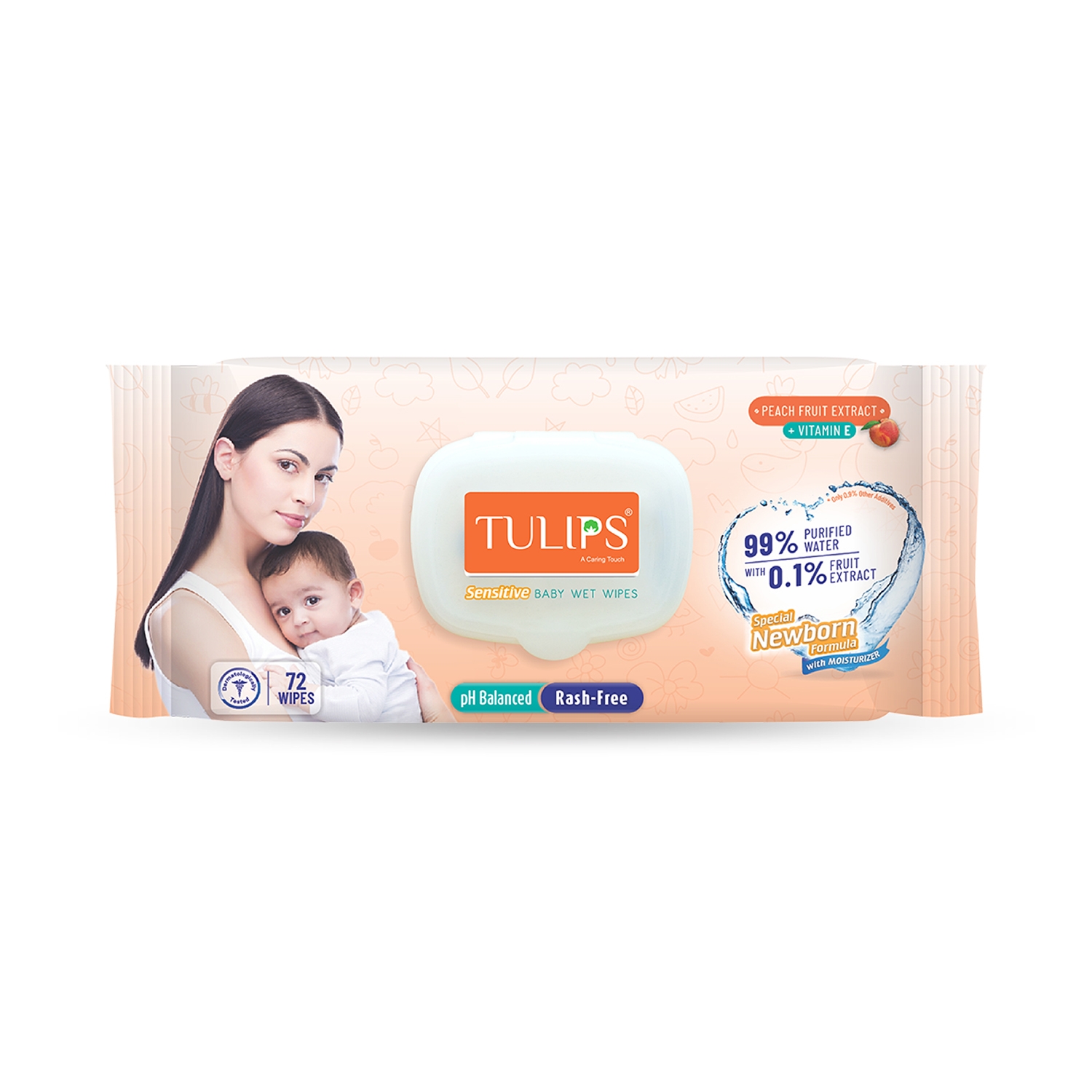 Tulips | Tulips Sensitive Baby Wet Wipes With Peach Fruit Extracts And Lid (72Pcs)