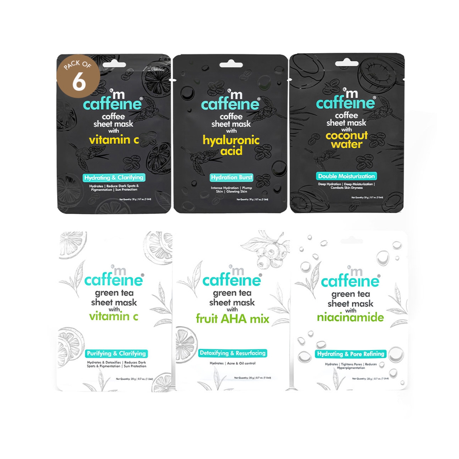 mCaffeine | mCaffeine Hydrating & Clarifying Face Sheet Masks with Green Tea & Coffee (6Pcs)
