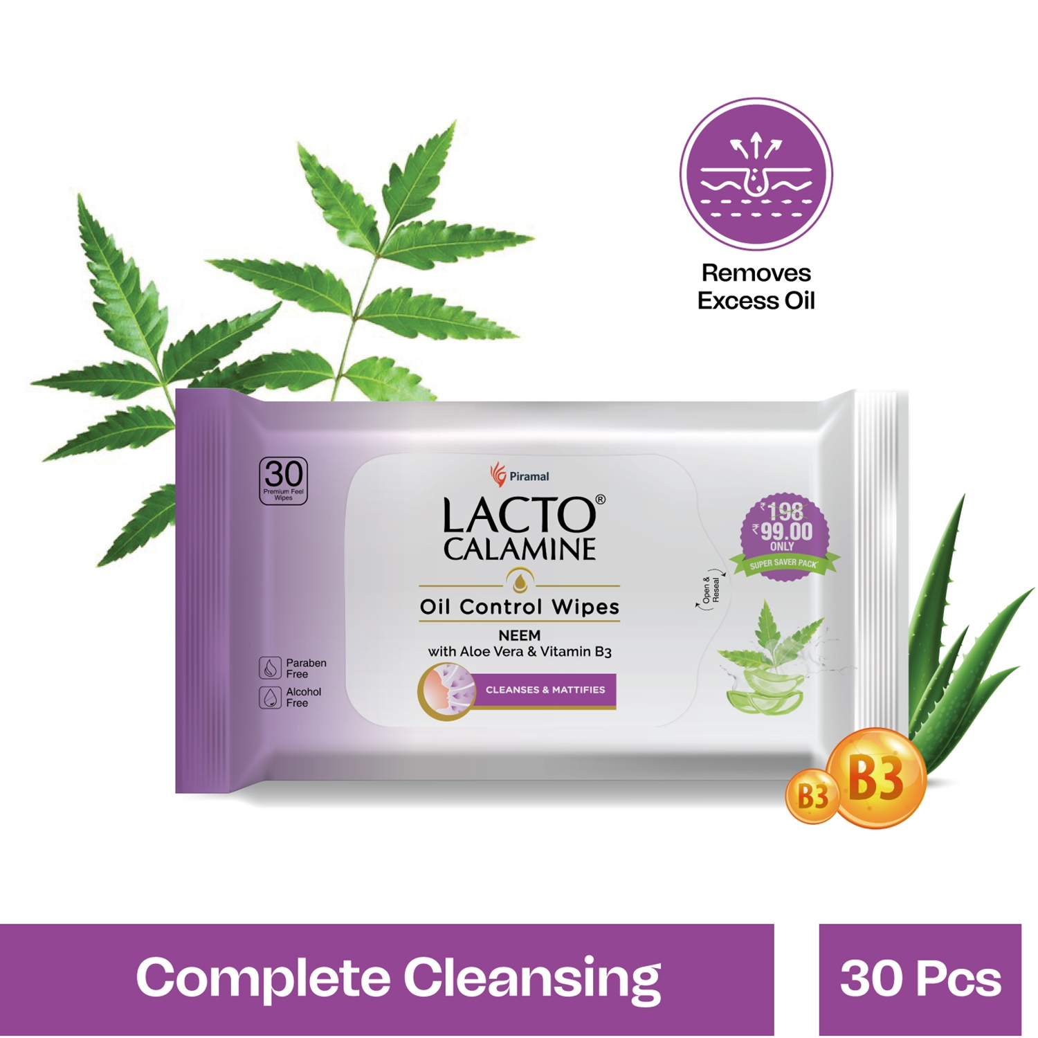 Lacto Calamine | Lacto Calamine Oil Control Face wet Wipes, Removes Makeup With Neem,Aloe Vera & Niacinamide (30Pcs)